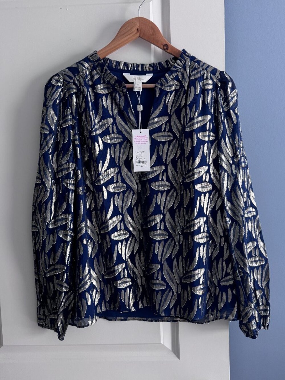 NWT Lilly Pulitzer Giana Metallic Silk Blouse Navy Silver Size Small